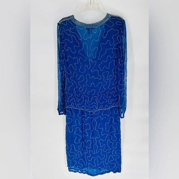 Neiman Marcus Vibrant Blue Silk Dress with Beaded Accents Size Small Vintage - Picture 4 of 6